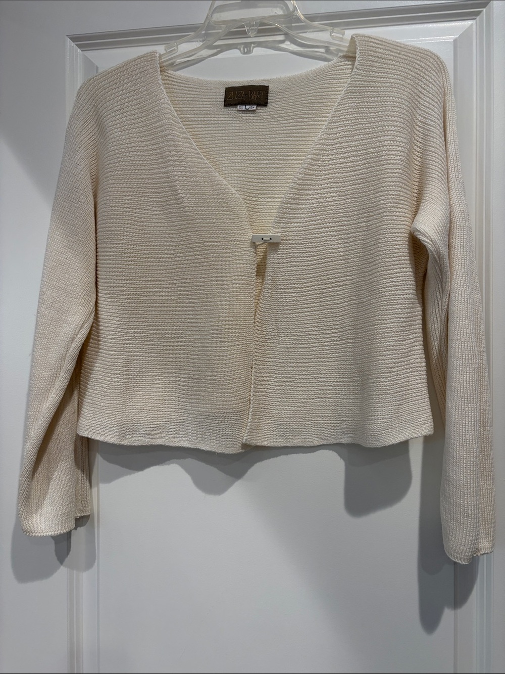 ZUZA BART Cream V-Neck Knit Linen Open Front Cottage Core Cardigan, size L